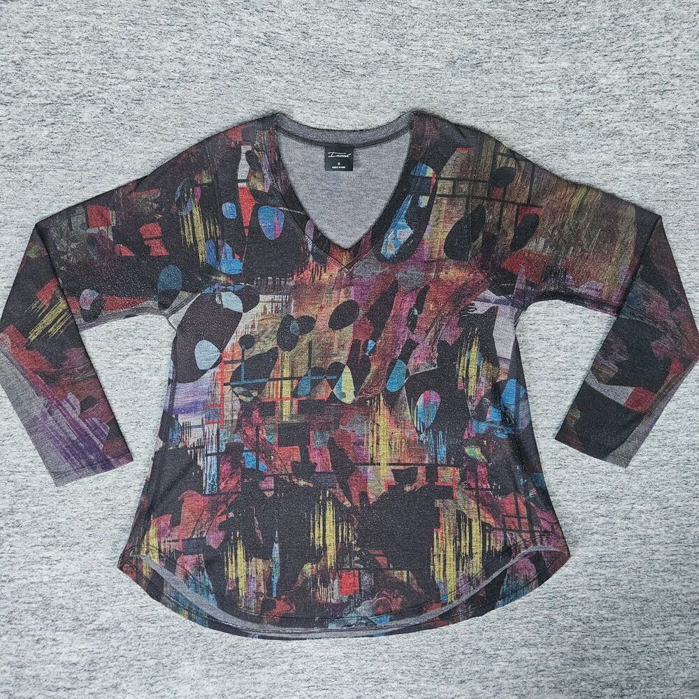 INOAH Color Shades Top Artsy Art to Wear Long Sleeve V Neck USA Women's Sz Small